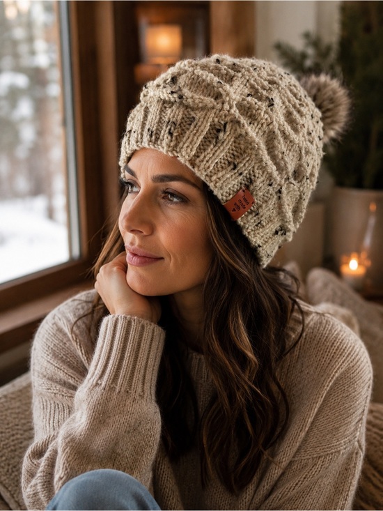 Créations Karyna Accessories - Handmade Cream Speckled Knit Beanie with Leather Tag
